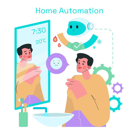 Vector illustration of a smart mirror displaying weather and time as a person begins their morning routine. The automated system interacts with the user, enhancing home automation.のイラスト素材