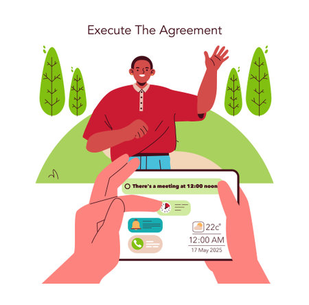 Vector illustration of a person waving while a digital device shows a meeting notification. The image conveys preparation and time management, set outdoors amidst greenery.のイラスト素材