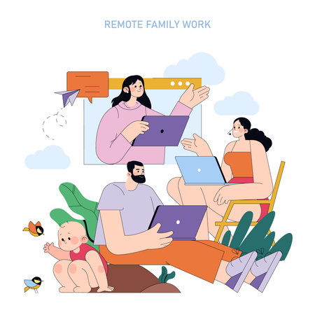 Vector illustration depicting a family engaging in remote work. Adults are using laptops for communication, with a child playing nearby, creating a blend of home and work life.のイラスト素材