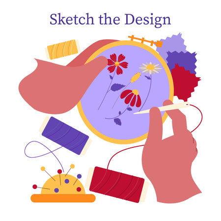 Vector illustration showcasing a creative embroidery process with hands working on floral designs in a hoop surrounded by colorful threads and pins, highlighting crafting art.のイラスト素材