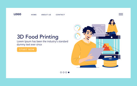 Vector illustration of two people interacting with 3D food printing technology on a website layout....