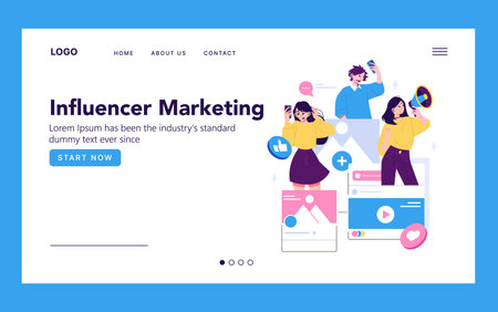 Influencer marketing vector illustration showing diverse individuals interacting positively with social media elements, highlighting digital connectivity and user engagement dynamics.のイラスト素材