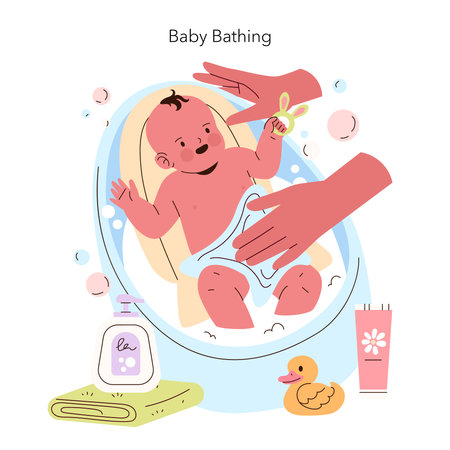 Baby enjoying bath time, playfully interacting with a rubber duck and bath essentials. Features a joyful expression, vibrant colors, and includes soap, towel, and bubbles in a playful setting.のイラスト素材