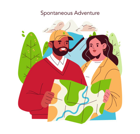 Vector illustration of two people holding a map, planning their journey surrounded by nature. They look engaged and curious, embodying the spirit of exploration and adventure.のイラスト素材