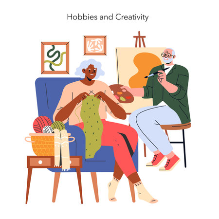 Vector illustration of two seniors enjoying creative hobbies at home. One paints on a canvas while the other knits a scarf. Both are focused, capturing the joy of artistic expression.のイラスト素材