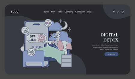 Vector illustration of a person relaxing in bed, engaging in digital detox. Phone shows offline icons, emphasizing disconnect from technology. Nighttime ambiance with calm colors.のイラスト素材