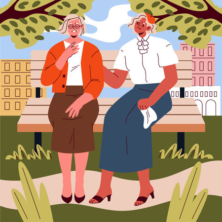 Vector illustration of two elderly women sitting on a park bench, enjoying each others company. Their facial expressions show happiness and contentment in a pleasant outdoor setting.のイラスト素材