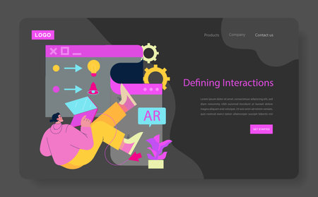 Vector illustration of a person engaging with augmented reality elements on a screen. Includes digital graphics, interface components, and vibrant colors to represent tech interaction.のイラスト素材