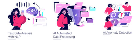 Vector illustration depicting AI technology in data analysis. Features people interacting with AI systems for tasks like text analysis, automated processing, and anomaly detection, showcasing collaborative technology engagement.のイラスト素材