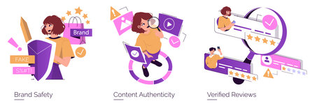 Vector illustration depicting brand safety, content authenticity, and verified reviews. Elements show a person with a shield against fake content and focus on genuine customer feedback.のイラスト素材