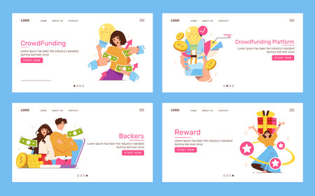 Set of vector illustrations showcasing crowdfunding, investment, and reward concepts with diverse characters exchanging money and ideas. Ideal for financial technology themes.のイラスト素材