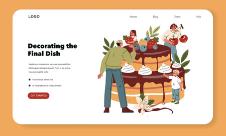 Vector illustration of a family collaborating to decorate a giant cake. Several people are shown...