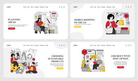 Vector illustration set depicting various online shopping activities. Scenarios include planning purchases, mobile shopping, choosing sustainable products, and using BNPL options. Perfect for digital commerce themes.のイラスト素材