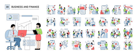 Vector illustration of two people in a business setting analyzing financial data on digital devices. Various scenes involving teamwork, technology, and financial tasks depicted.のイラスト素材