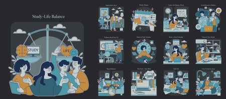 Vector illustration depicting the concept of study-life balance with individuals analyzing a scale between study and life. Emphasizes importance of balancing education and personal life.のイラスト素材