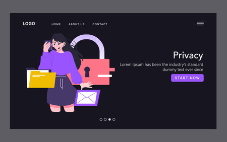 Vector illustration featuring a woman managing privacy settings on a website. She is surrounded by symbols of security, such as a lock and confidential folders, conveying the theme of data protection.のイラスト素材