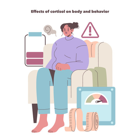 Vector illustration of a woman seated with a fatigued expression, surrounded by symbols indicating stress, exhaustion, and health concerns, highlighting cortisols impact on behavior.のイラスト素材