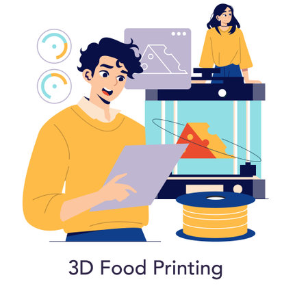 Vector illustration of a man and woman interacting with a 3D food printer. They are discussing and...