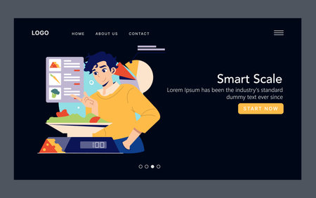 Vector illustration of a person adjusting a smart scale on a digital app interface. Features colorful graphics, user interaction, and digital display elements for healthy lifestyle management.のイラスト素材