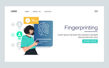 Woman evaluating fingerprint data on a digital interface. This vector illustration showcases technology, security, and modern digital identification concepts, highlighting user interactions.のイラスト素材