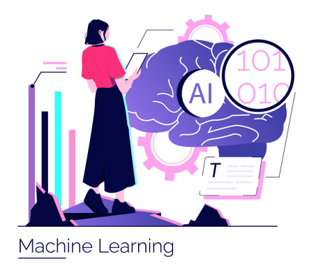 Vector illustration of a woman analyzing data related to machine learning. Displays a digital brain, AI elements, and graphs, emphasizing the integration of technology and analysis.のイラスト素材