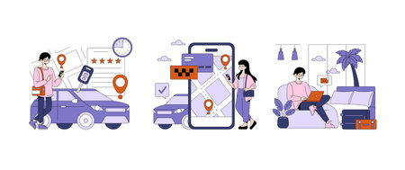 Vector illustration depicting individuals using a ride-sharing app. Scene includes a person with a smartphone waiting by a car and another using a laptop at home, showing technology in transportation.のイラスト素材