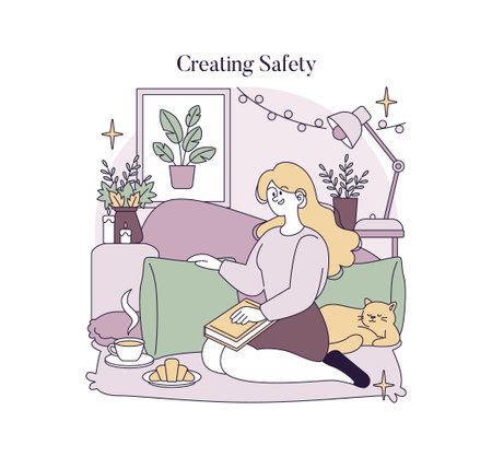 Woman enjoying a relaxing day at home, sitting comfortably with a book and a cat beside her. Cozy setting includes plants, warm beverages, and pastries. Vector illustration captures peaceful ambiance.のイラスト素材