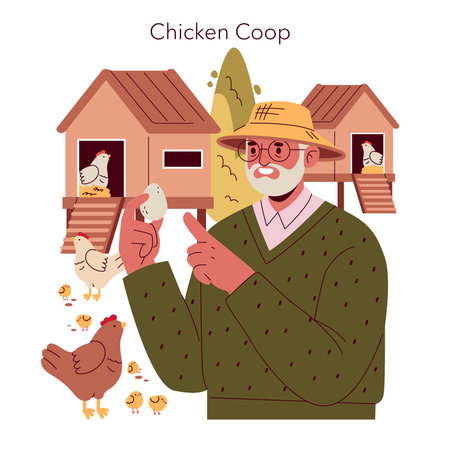 Elderly farmer holding an egg while observing chickens around a coop. The illustration highlights rural life, agriculture, and small-scale farming practices in a countryside setting.のイラスト素材