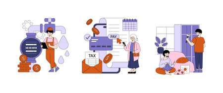 Vector illustration depicting three daily scenarios: a worker maintaining machinery, a person making a digital payment, and a couple engaging in home improvement and relaxation activities.のイラスト素材