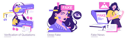 Vector illustration depicting deepfake issues in media. Highlights verification of quotations, fake news detection, and deepfake technologys impact on visual content and trust.のイラスト素材