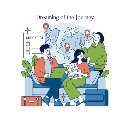 Group discussing travel plans with maps and laptops on a couch. Vector illustration features a checklist, luggage, and a world map, capturing excitement for upcoming adventures.のイラスト素材