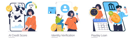 Vector illustration depicting a woman using AI technology to evaluate her credit score on a digital device. The image emphasizes technology in personal finance management.のイラスト素材