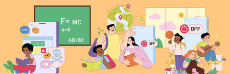 Vector illustration of children balancing between offline hobbies like reading and music, and...