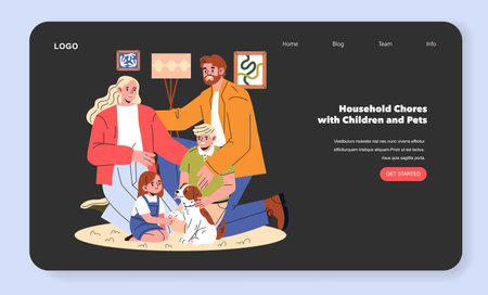 A cheerful family with pets gathered on the floor in a warm, cozy setting. Smiling faces express joy and connection. Modern digital artwork showing harmony and relaxation.のイラスト素材