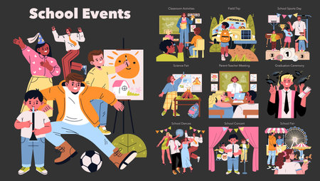 Colorful vector illustration showcasing various school events and activities, including sports, science fairs, and concerts. Features excited children and teachers engaging in lively school functions.のイラスト素材