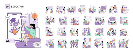 Vector illustration depicting a person engaging in an educational activity with a robot, symbolizing AI learning. Features educational icons, books, and an innovative atmosphere.のイラスト素材