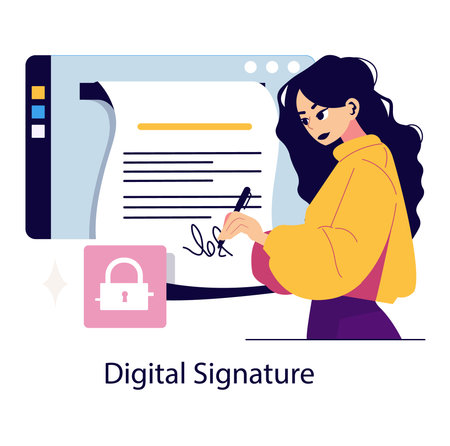 Vector illustration of a woman digitally signing an online document using a stylus. Depicts the concept of secure e-signatures with a focus on technology and efficiency.のイラスト素材