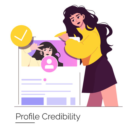 Illustration of a woman approving a social media profile with a checkmark. The design emphasizes...