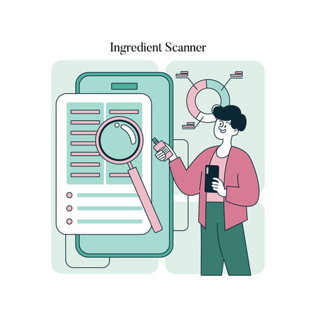 Vector illustration of a person scanning product ingredients using a smartphone app. The image highlights a digital approach to checking product details for informed consumer decisions.のイラスト素材