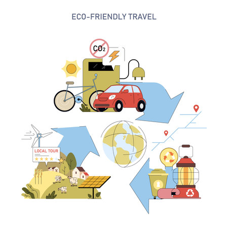 Eco-friendly travel vector illustration showcasing sustainable transportation, renewable energy, and recycling. Features bicycles, electric cars, and solar panels promoting green tourism practices.のイラスト素材
