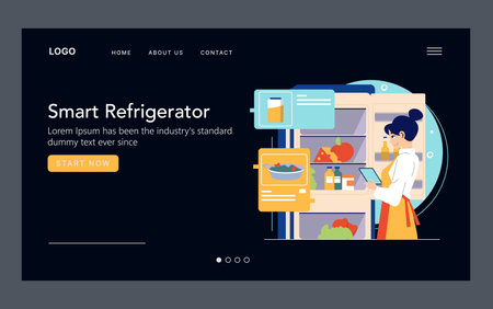 Vector illustration of a smart refrigerator interface featuring a user interacting with touch controls and digital content. Surroundings suggest modern technology integration in everyday life.のイラスト素材