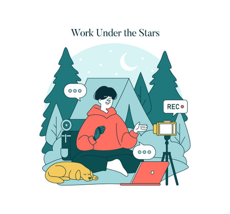 Vector illustration of a person vlogging outside at night with camera equipment and laptop. They sit near a tent under stars and trees, exuding a relaxed and creative atmosphere.のイラスト素材