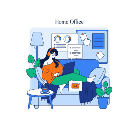 Vector illustration of a person working on a laptop in a cozy home office setting. Surrounded by plants and art, the individual wears headphones and enjoys coffee while working efficiently.のイラスト素材