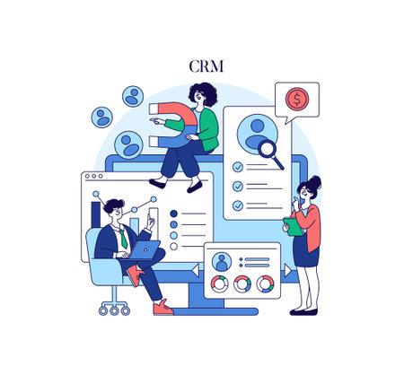 CRM vector design showing a team collaborating with technology to analyze customer data. Includes charts, graphs, and communication tools, highlighting modern business solutions.のイラスト素材