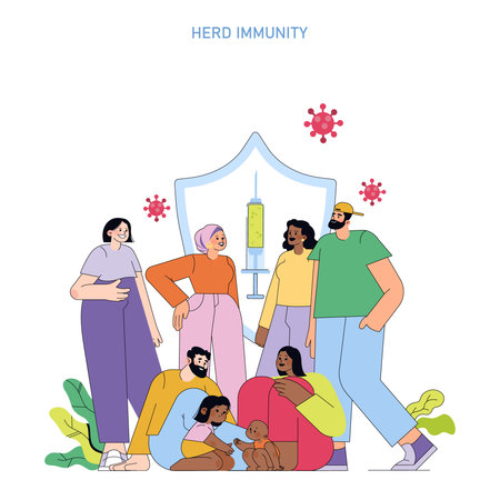 Vector illustration showing a diverse group of people gathered around a shield symbolizing herd immunity. The image highlights community protection and unity in healthcare.のイラスト素材
