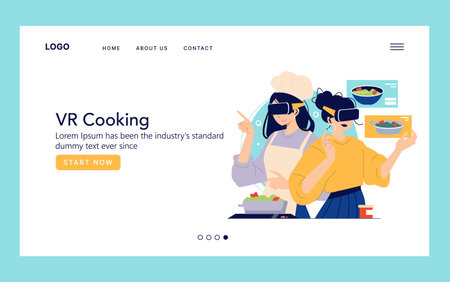 Two individuals wearing VR headsets engage in a virtual cooking session using digital interfaces. The vector illustration portrays an innovative approach to culinary education.のイラスト素材