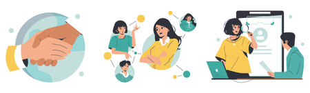 Vector illustration depicting business elements including handshake, team communication, and profile analysis. Figures engaged in professional interactions and discussions.のイラスト素材