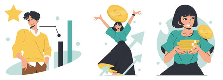 Vector illustration depicting three individuals celebrating business success and financial achievements. One person stands confidently by a chart, another joyfully raises a coin, and a third holds a stack of coins happily.のイラスト素材