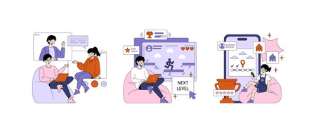 Vector illustration showcasing interactive gaming and video calls. People are seen engaging in a video call, a gaming session on a computer, and reviewing mobile app progress.のイラスト素材