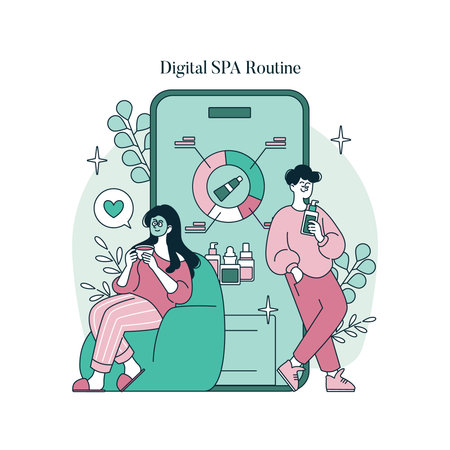 Vector illustration of a digital SPA routine featuring people engaging in relaxation with smartphones. The image highlights self-care through digital wellness using technology.のイラスト素材